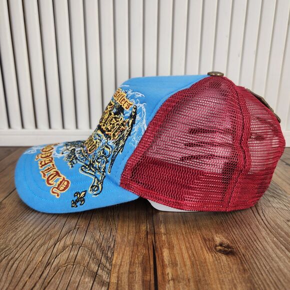 VTG Vegas Royalty Live Fast Rock Legend Couture Killer Trucker Hat Cap Blue Red